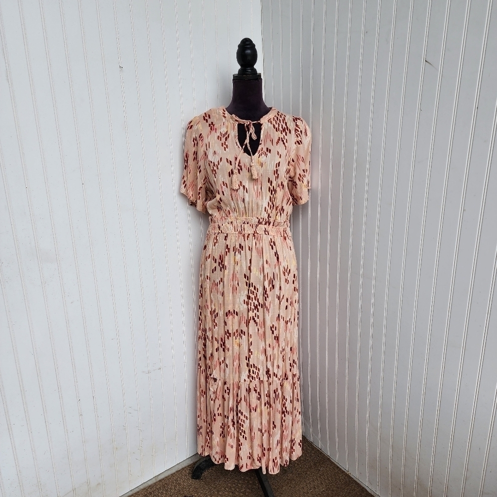 Knox Rose Women's Pale Coral Geo Print Flutter Sleeve A-Line Maxi Dress Rayon M
